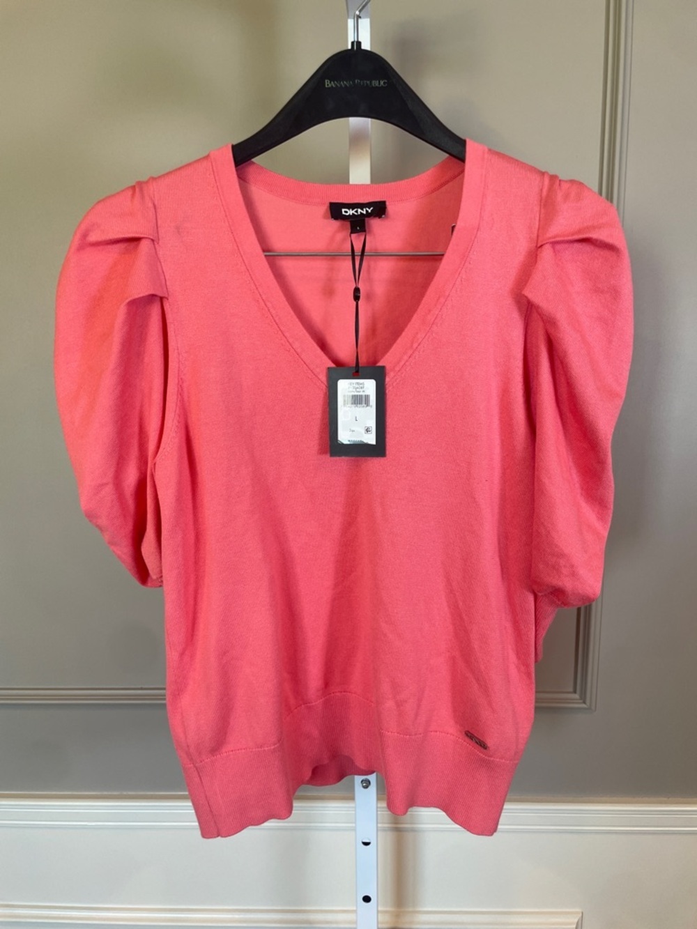 DKNY Sweater Short Sleeve NWT Large Tulip Sleeve Coral Pink Preppy V Neck